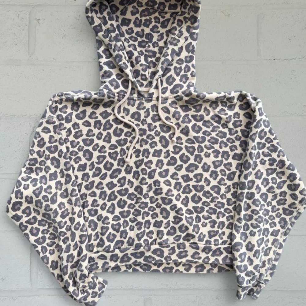 Abercrombie & Fitch Leopard Print Cropped Hoodie Large Tan Grey Soft A&F